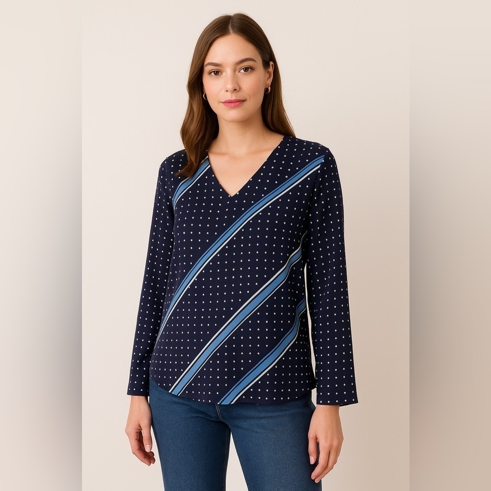 Vince Camuto Womens Multicolor Long Sleeve Satin Night Navy V-Neck Blouse PM